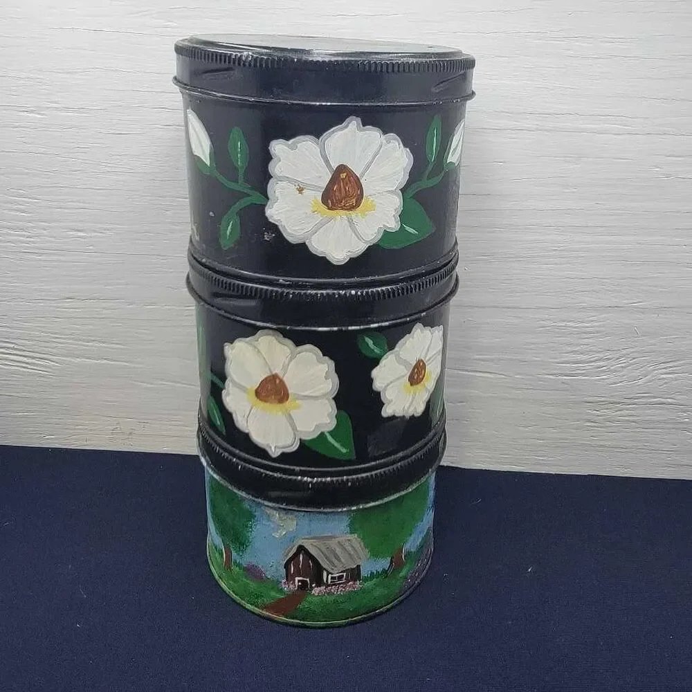 Vintage Black Floral Farmhouse Tin Set 3 Round Storage Canisters Decor